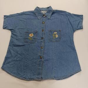Vintage Jane Ashley RN#59451 Women’s Denim Shirt Blue Embroidery Flower Size M